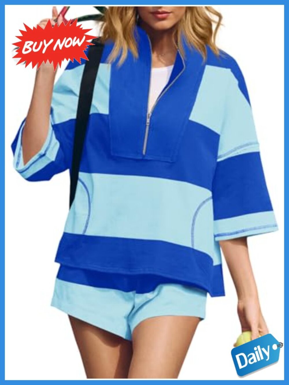 Fisoew Women's Striped Two-Piece Outfit Set Short Sleeve Zip Top Shorts